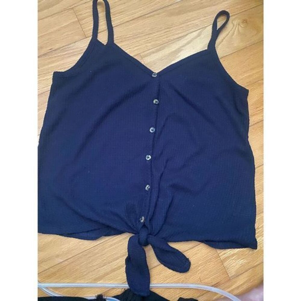 Navy button down hippie rose sleeveless tie front blouse​